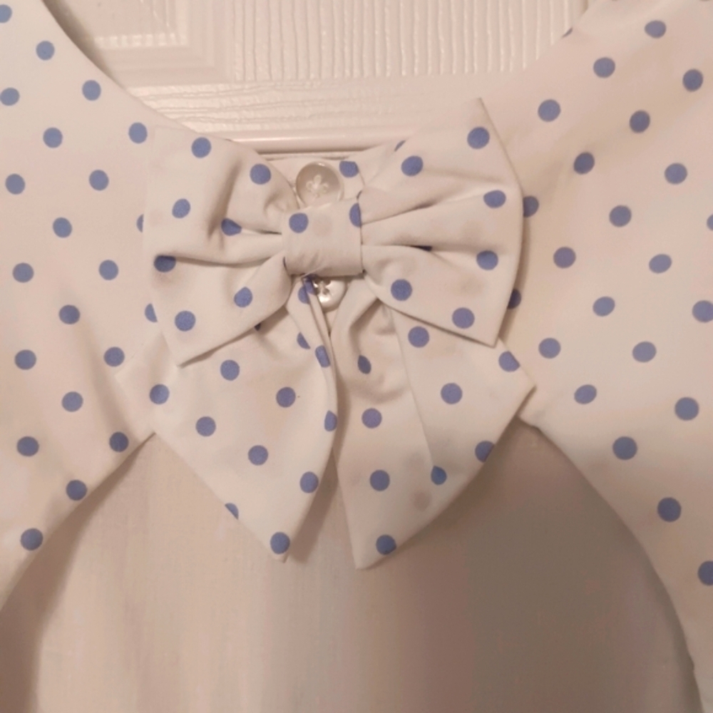 Laura Ashley Girls Polk-dot & Floral Blue & White Sleeveless Dress W/ Back Bow - Picture 6 of 9